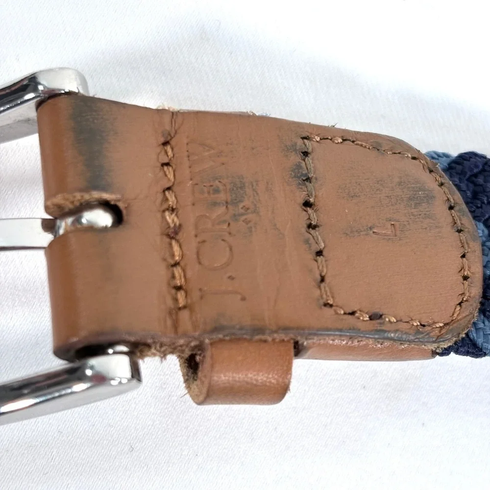 J.Crew Woven Belt Navy Blue Brown Leather Trim Silver Buckle Large
